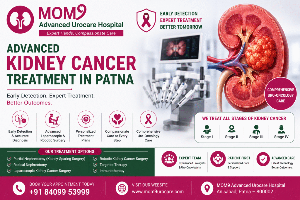 Kidney cancer treatment awareness banner showing kidney anatomy with tumor illustration, advanced surgical care, and expert uro-oncology services at MOM9 Advanced Urocare Hospital in Patna.