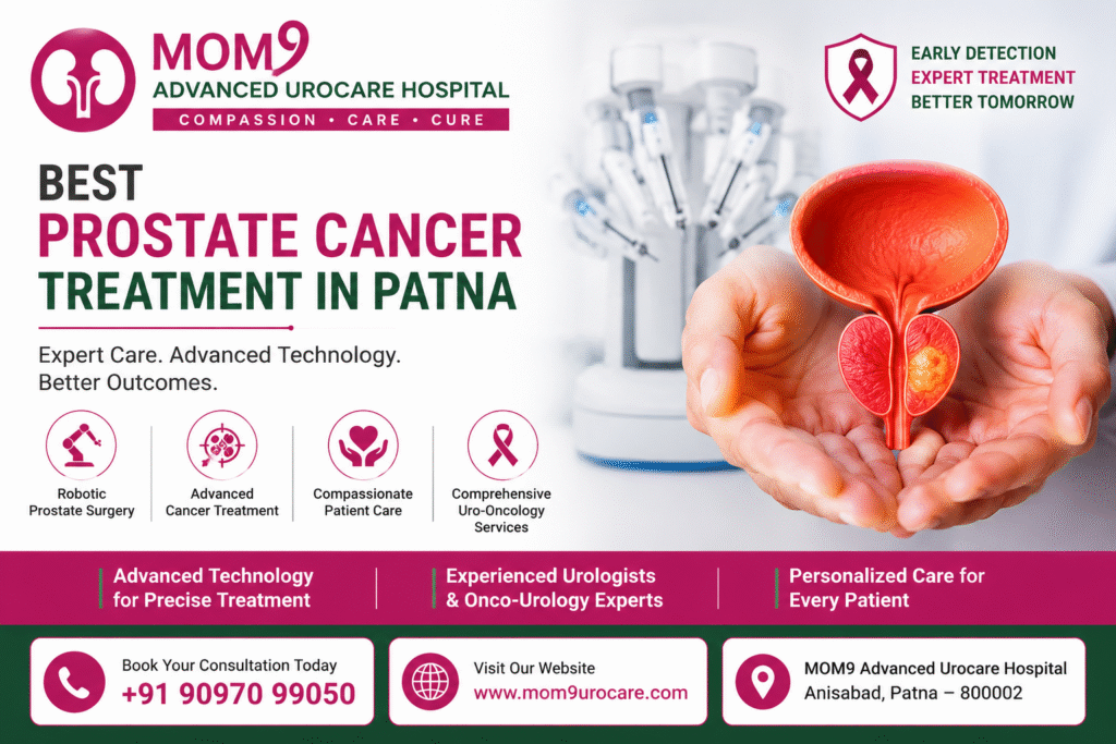 Prostate cancer awareness and treatment banner by MOM9 Advanced Urocare Hospital, Patna, featuring a prostate anatomy illustration, robotic surgery technology, and expert uro-oncology care in magenta and green brand colors.