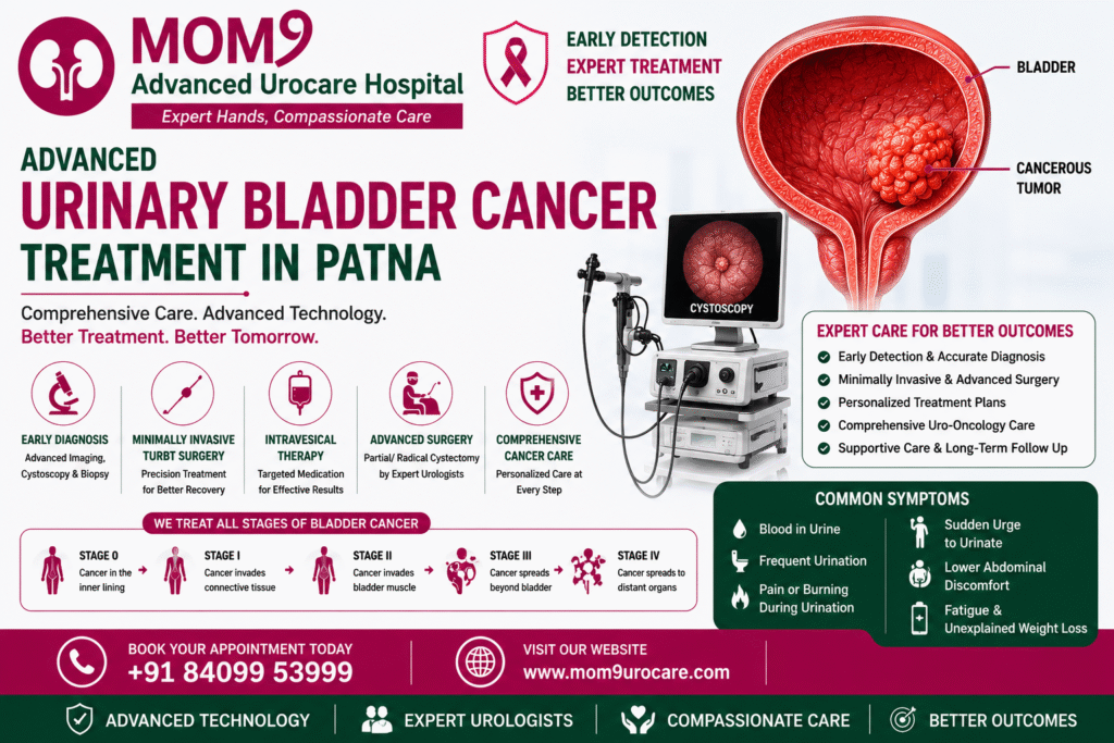 Urinary bladder cancer treatment banner featuring bladder anatomy, advanced diagnostic technology, minimally invasive surgery, and expert uro-oncology care at MOM9 Advanced Urocare Hospital, Patna.