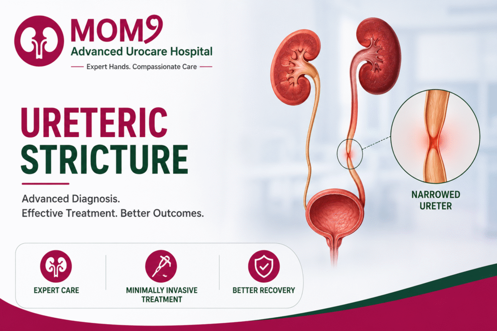 Ureteric stricture awareness banner showing urinary system anatomy with narrowed ureter illustration and advanced treatment services at MOM9 Advanced Urocare Hospital, Patna.