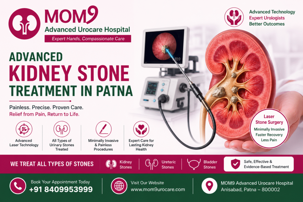 Kidney stone treatment banner featuring advanced laser stone surgery, kidney anatomy illustration, and expert urology care at MOM9 Advanced Urocare Hospital, Patna.