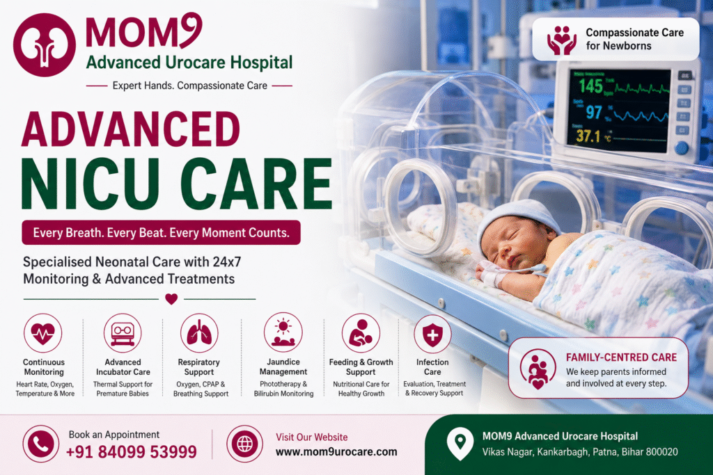 Advanced NICU care banner featuring a newborn baby in an incubator, neonatal monitoring equipment, respiratory support, and specialised newborn care services at MOM9 Advanced Urocare Hospital.