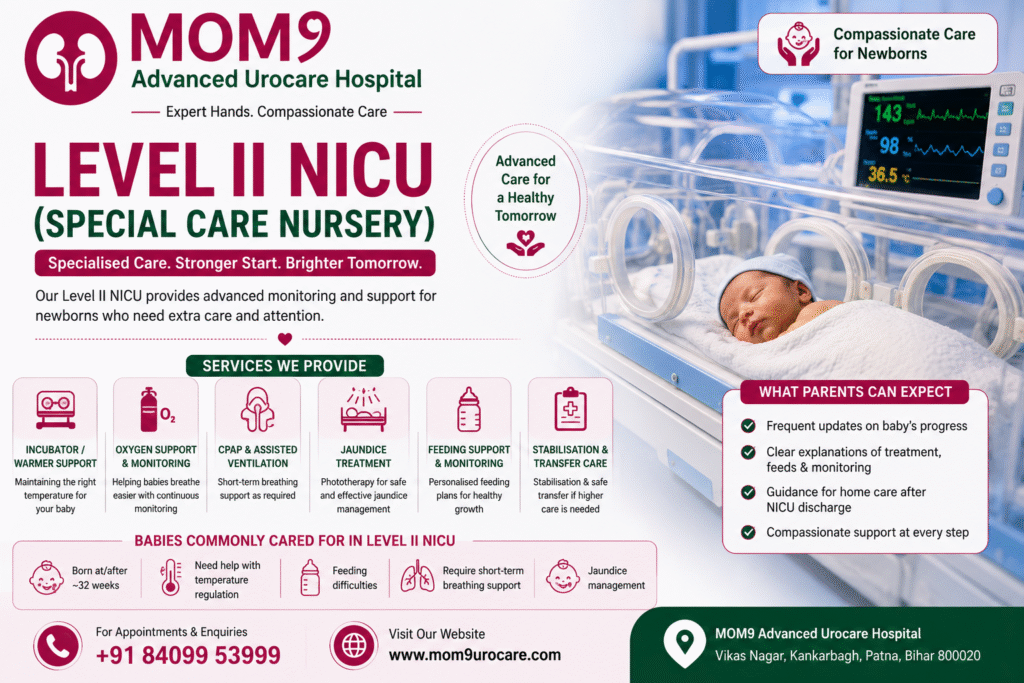 Level II NICU Special Care Nursery banner showing a newborn baby in an incubator with neonatal monitoring equipment and advanced newborn care services at MOM9 Advanced Urocare Hospital.