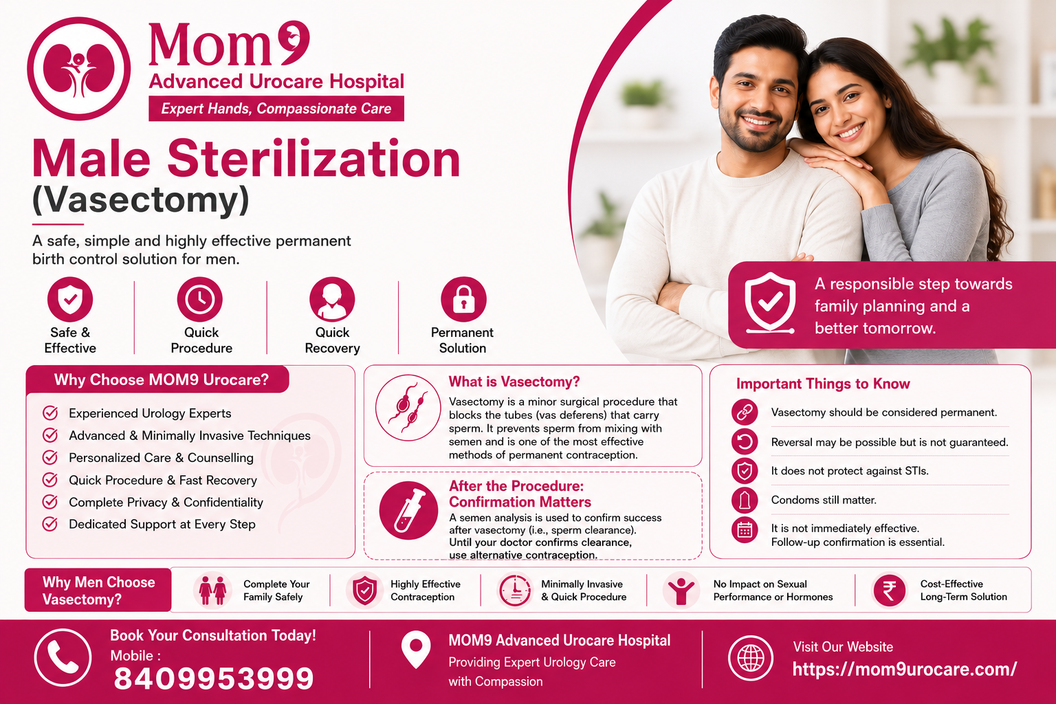 Male Sterilization (Vasectomy) awareness banner by MOM9 Advanced Urocare Hospital, Patna, featuring a smiling couple, healthcare-themed icons, and information about safe, effective, permanent male contraception. The design uses MOM9’s signature pink and white color scheme and highlights benefits such as quick procedure, fast recovery, privacy, and expert urology care.