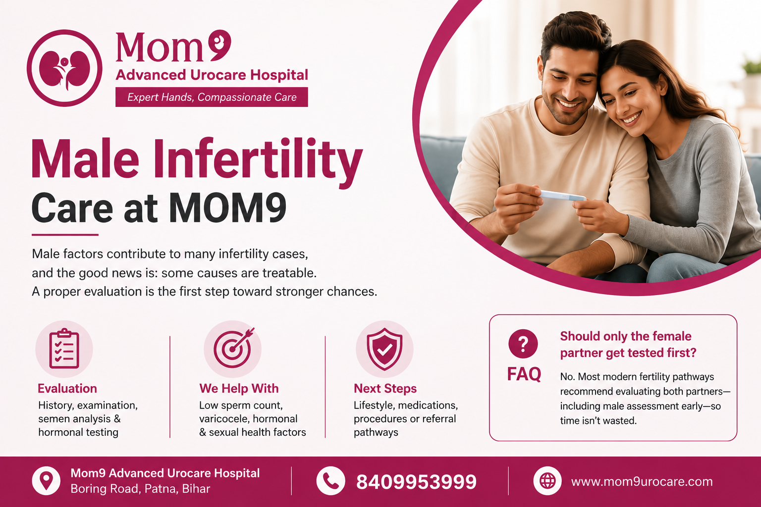 Male Infertility Care at MOM9 Urocare Hospital featuring a happy couple, fertility evaluation services, expert male reproductive health care, and contact information in Patna.