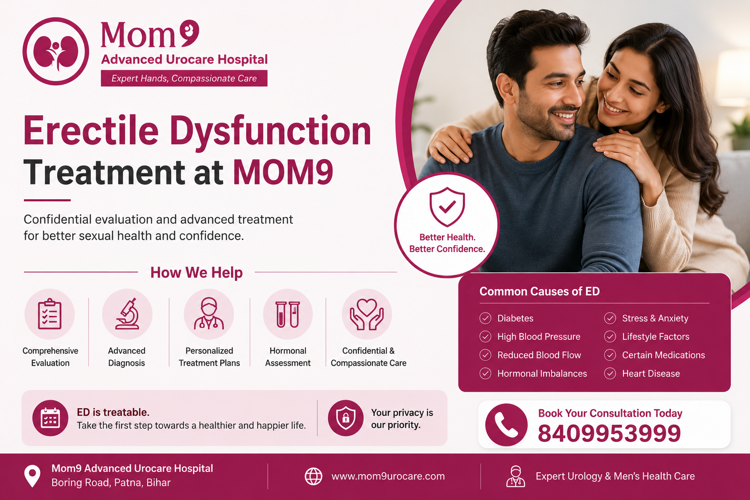 Erectile Dysfunction (ED) treatment advertisement by Mom9 Advanced Urocare Hospital, Patna, Bihar. The image features a smiling couple representing men's sexual health and confidence. Services include comprehensive evaluation, advanced diagnosis, personalized treatment plans, hormonal assessment, and confidential care. Common causes of erectile dysfunction highlighted include diabetes, high blood pressure, reduced blood flow, hormonal imbalance, stress, anxiety, lifestyle factors, medications, and heart disease. Contact Mom9 Advanced Urocare Hospital for expert urology and men's health treatment.