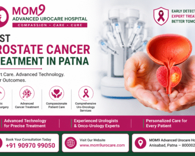 Prostate cancer awareness and treatment banner by MOM9 Advanced Urocare Hospital, Patna, featuring a prostate anatomy illustration, robotic surgery technology, and expert uro-oncology care in magenta and green brand colors.